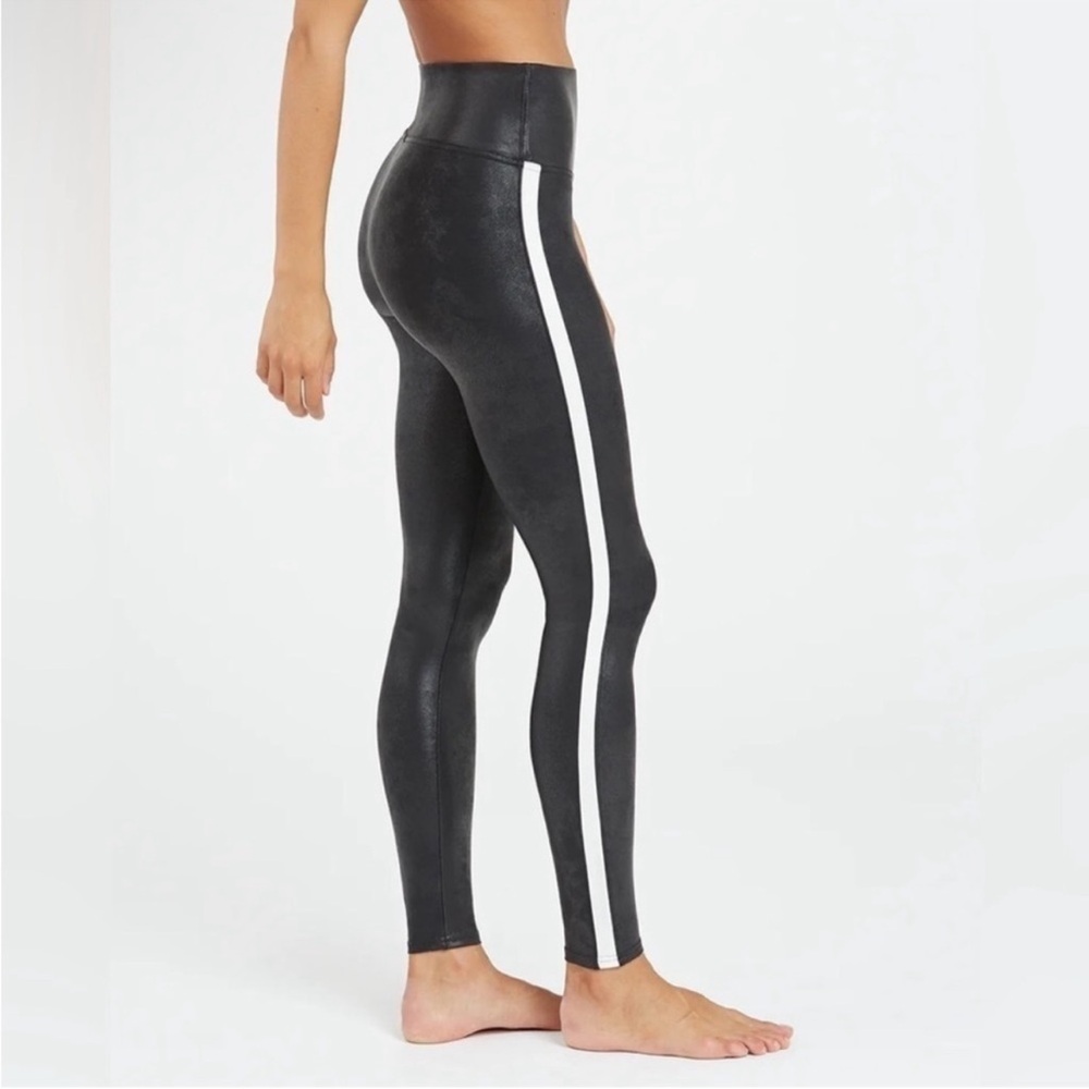 SPANX Faux Leather Tummy Control Leggings with Side Tuxedo Stripe | Size 1X